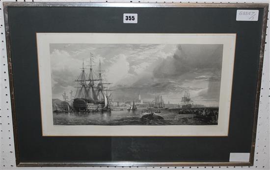 After Edward Duncan, Portsmouth Harbour and dockyard with H.M.S. Duke of Wellington and H.M.S. Victory. Engraving by T.A. Prior